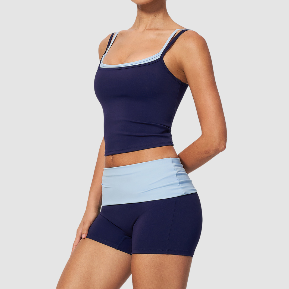Wholesale Contrast Color Faux Two-Piece Yoga Set – Tummy Control Fitness Outfit