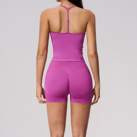 Wholesale Women's Halter V-Neck Seamless Yoga Set – High-Waist Butt-Lifting Sports Bra & Shorts