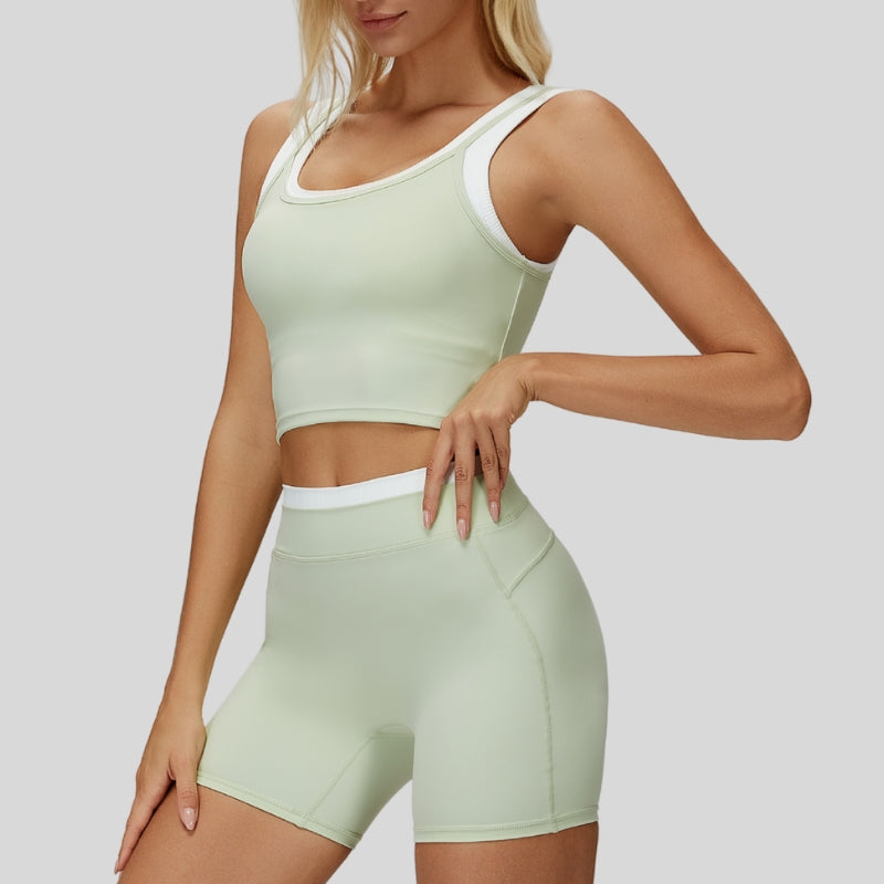 Two-piece contrasting sports tank top+sports shorts 2-piece set
