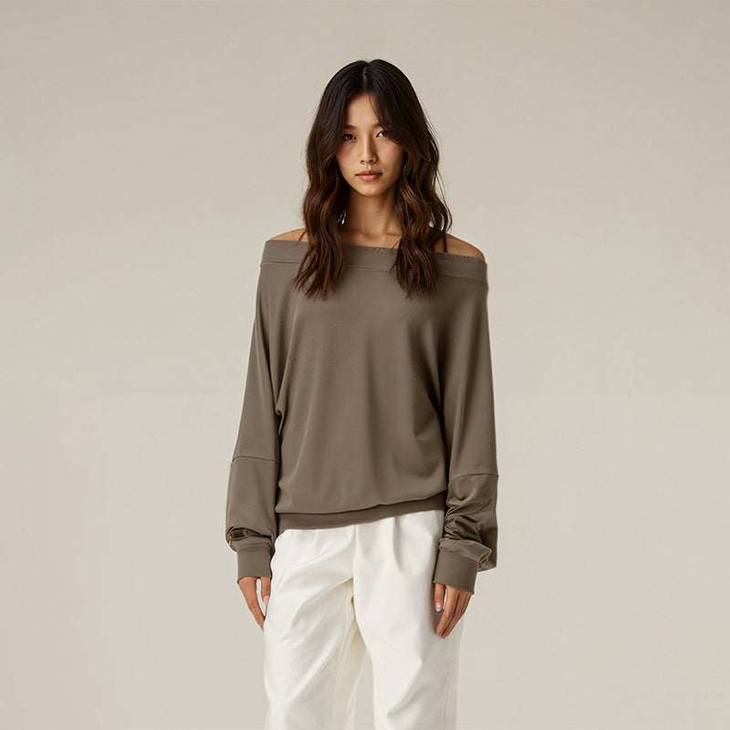 Slanted shoulder top with long sleeve T-shirt