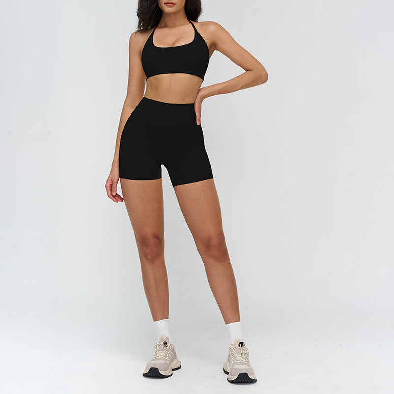 Halter-neck open-back sports bra + high-waisted shorts 2-piece set