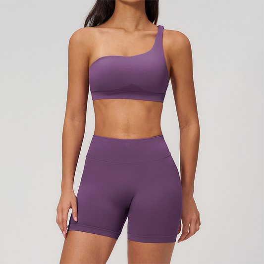 Wholesale Seamless One-Shoulder Sports Bra & High-Waist Biker Shorts Set – Quick-Dry Yoga 2-Piece