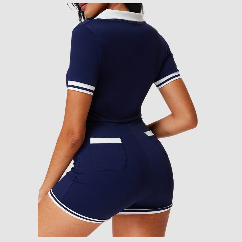 contrasting color Short Sleeve polo shirt tennis Jumpsuit with pockets