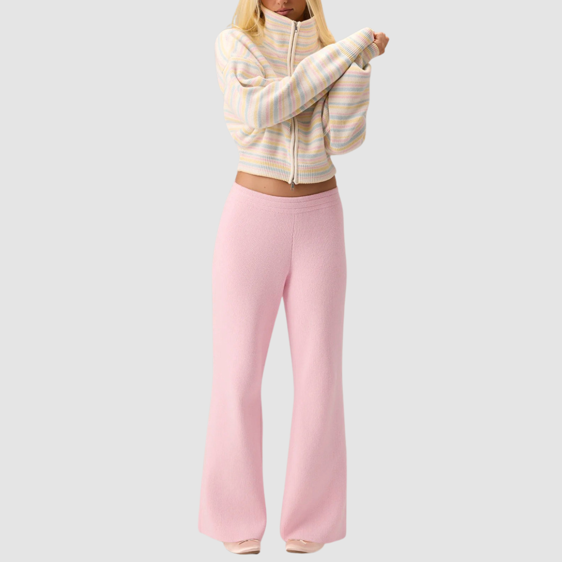 Wholesale Women's Sweaters Striped Stand-Collar Zip Knit Top & Flared Pants Set