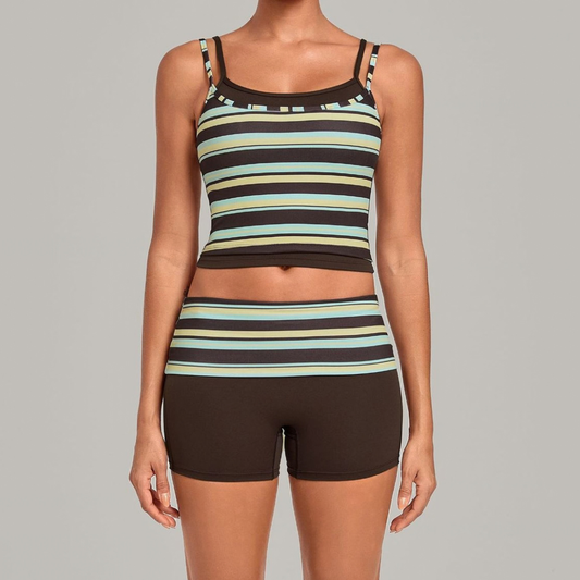 Wholesale Women's Retro Print Double-Strap Yoga Vest+High-waist Shorts Two-Piece Set