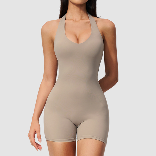 Wholesale Women's Halter-Neck V-Back One-Piece Yoga Bodysuit with Built-in Shorts