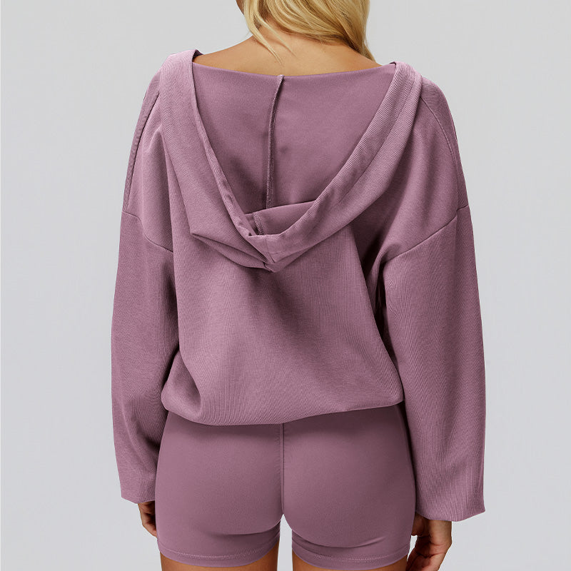 V-neck large hooded jacket+Sports tank top+High waisted shorts 3-piece set