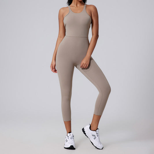 Brushed nude V-shaped back long pants yoga jumpsuit