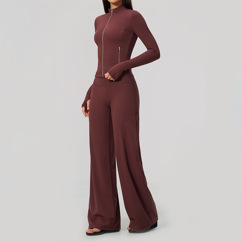 Wholesale Women's Zip-Up Yoga Jacket Set – Relaxed Wide-Leg Pants Activewear Set