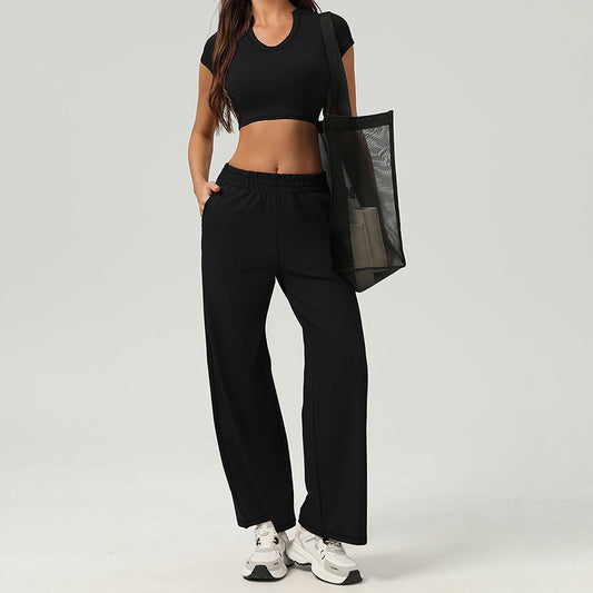 Quick-Dry short-sleeved sports yoga top+loose Straight Leg pants 2 pieces set