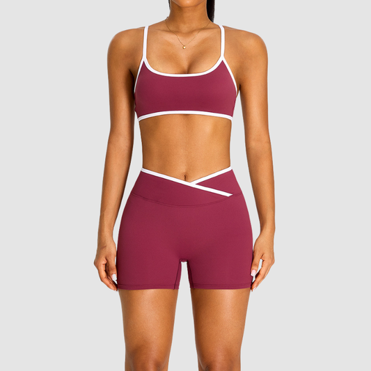 Wholesale Women's Color Block Cross-Back Sports Bra & High-Waist Shorts Set – Naked Feel Yoga Gym Activewear