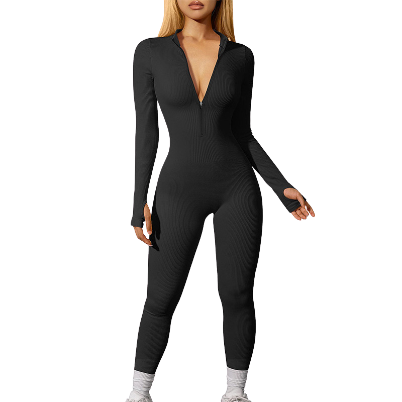 Women's ribbed long-sleeve zip-up casual athletic jumpsuit