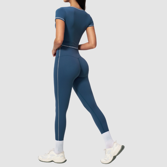 Wholesale Women's Seam-Detail Short Sleeve Crop Top + High-Waist Leggings Set – Butt-Lifting Yoga Gym Activewear