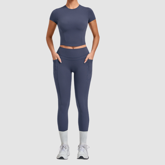 Wholesale Women's Naked-Feel Short Sleeve Top + High-Waist Leggings Set – Peach Lift Yoga Fitness Activewear