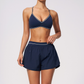 Wholesale Women's Brushed Yoga Set: V-Neck Strappy Bra & Shorts – Colorblock Tummy Control