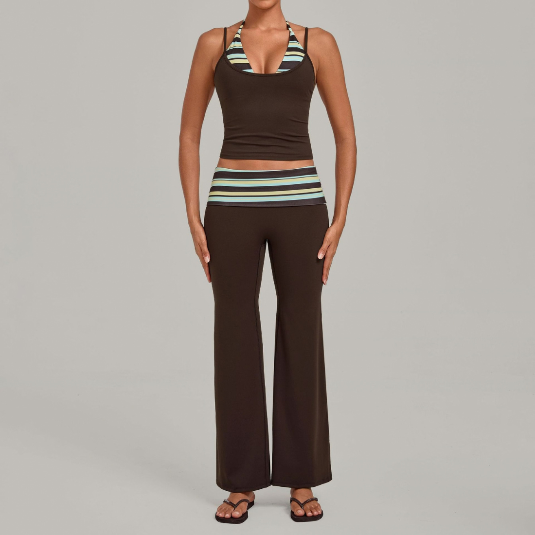 Wholesale Women's Retro Print Yoga Fake Two-Piece Vest+Flared-Leg Pants Set
