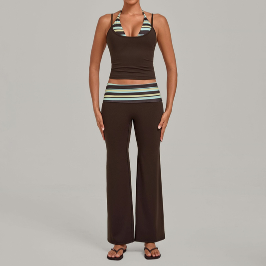 Wholesale Women's Retro Print Yoga Fake Two-Piece Vest+Flared-Leg Pants Set