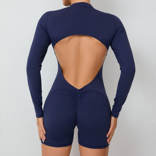 backless half zipper long sleeve yoga shorts jumpsuit