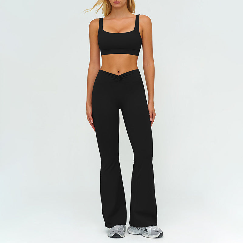 Square neckline backless sports bra+High-waisted flared pants 2-piece set