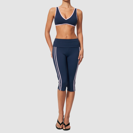 Wholesale color-blocked V-neck sports bra & striped cropped pants set
