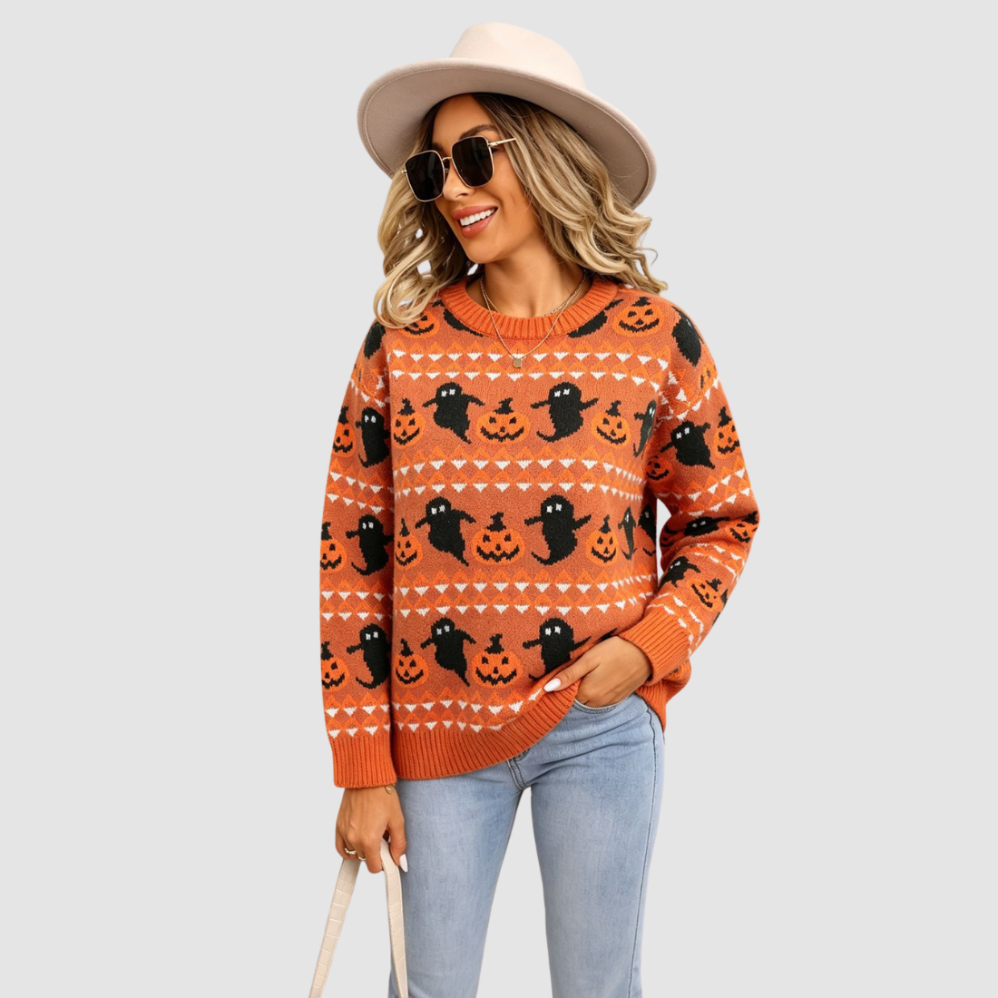 Wholesale Women's Halloween Witch Ghost & Pumpkin Knit Sweater – Loose Round-Neck Pullover