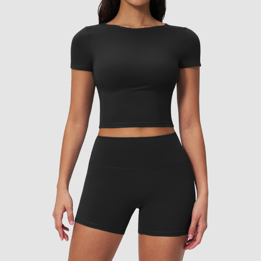 Wholesale Seam-Detail Cropped Short-Sleeve Top & High-Waist Biker Shorts Set – Brushed Yoga 2-Piece