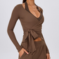 Wholesale Women's Ribbed V-Neck Tie-Front Long-Sleeve Yoga Cardigan