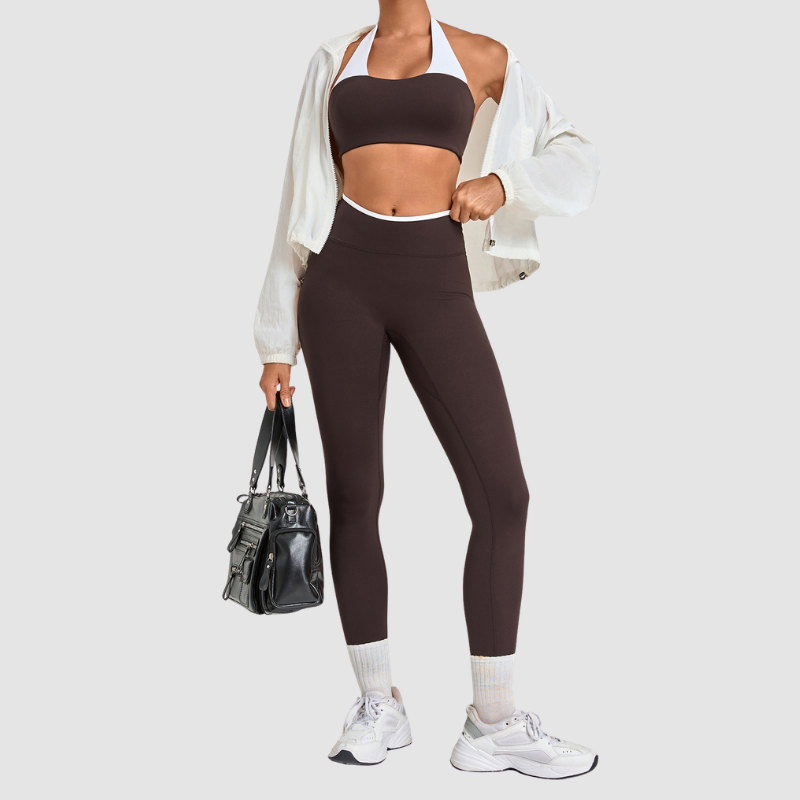 Wholesale Halter Neck Colorblock Yoga Set Sports Bra & Leggings – Naked Feel with Pocket
