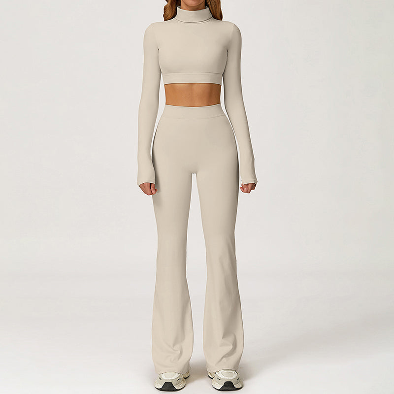 High-Neck Cropped Long Sleeve + Flared Leg Pants 2-Piece Set