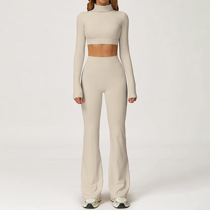 High-Neck Cropped Long Sleeve + Flared Leg Pants 2-Piece Set