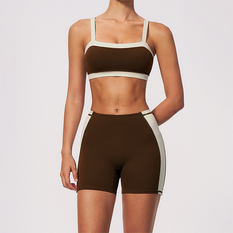 Wholesale Women's Colorblock Bare-Feel Yoga Set Sports Bra & Shorts w/ Chest Pad