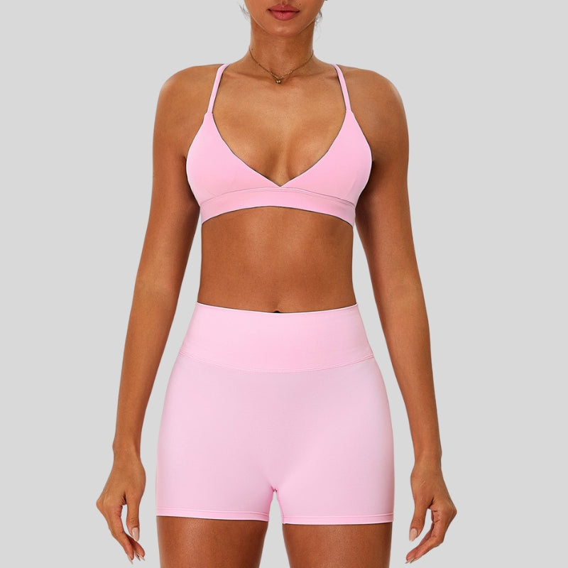 Strap bra + high-waisted shorts 2-piece set