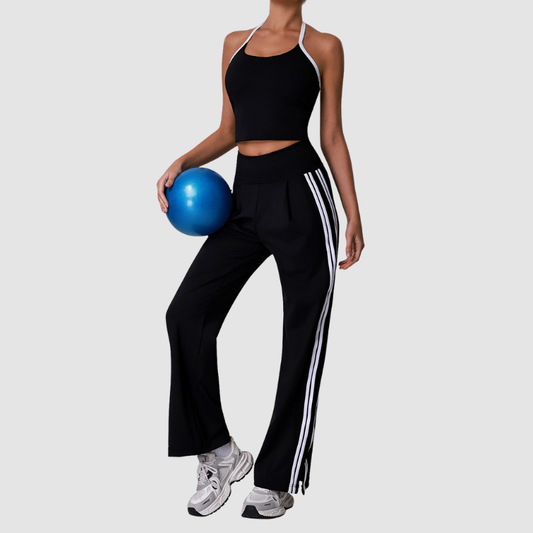 Wholesale Women's Striped Yoga Tank Top + High-Waist Wide-Leg Pants Set – Built-In Bra Pad Gym Fitness Set