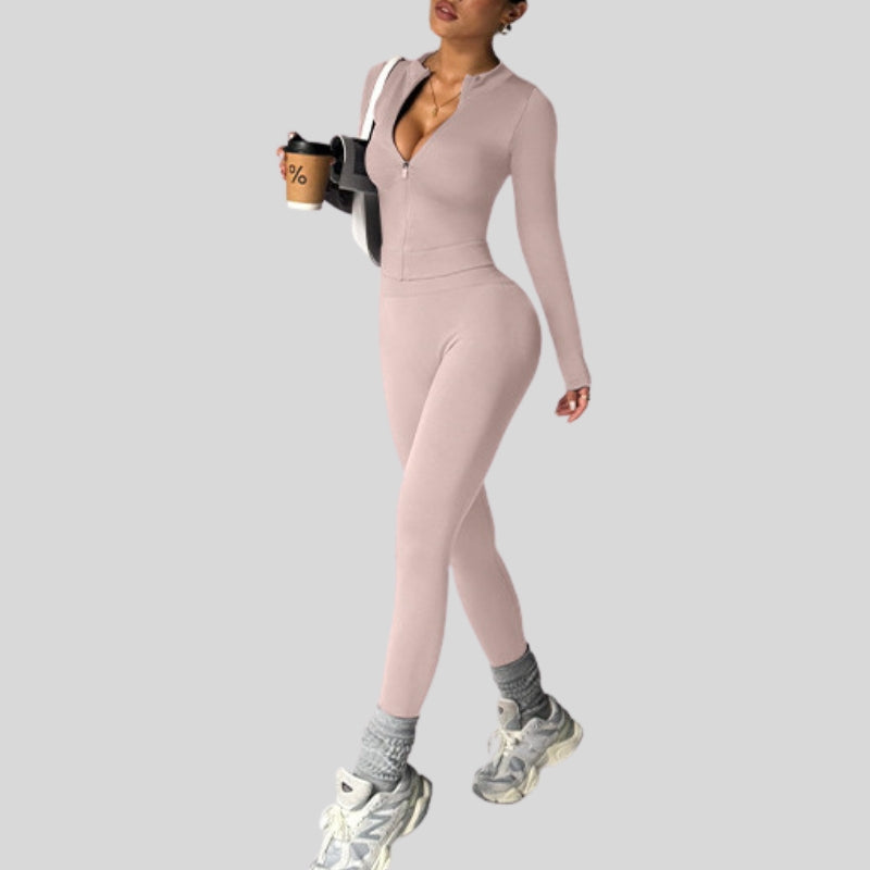 Slim-fitting zippered jacket + seamless trousers two-piece set