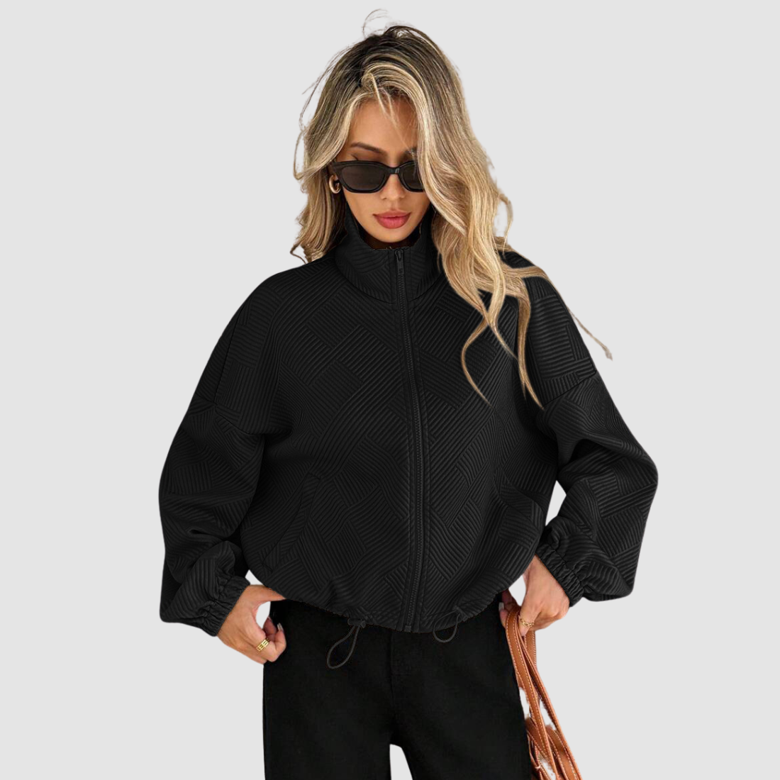 Wholesale Women's Stand-Collar Zip Jacket – Loose Drawstring Pocket Outerwear