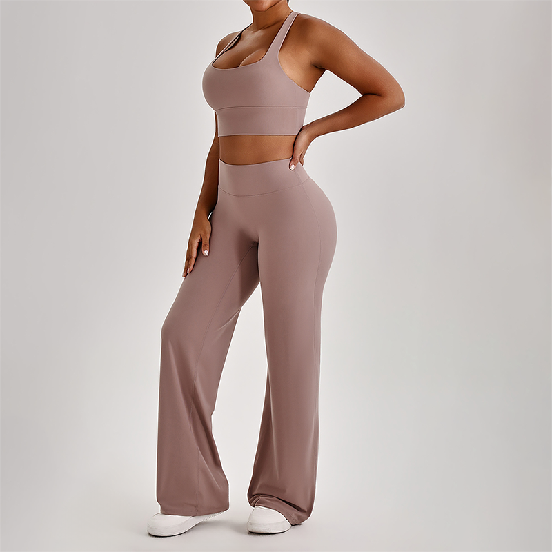 Wholesale Women's Peach Lift High Waist Flare Pants Yoga Set – Cross Back Sports Bra 0258