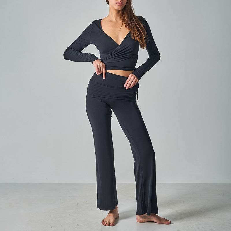 Women's Morday Side Drawstring Yoga Top + High-Waisted Wide-Leg Pants 2-Piece Set