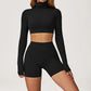 High-Neck Cropped Long Sleeve + Butt-Lifting Shorts 2-Piece Set