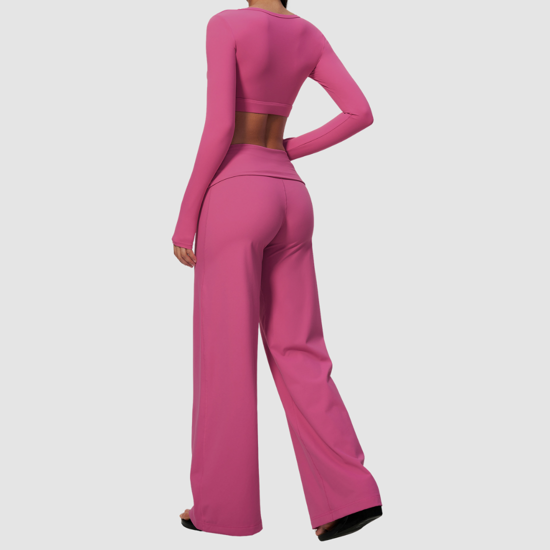 Wholesale Women's Brushed Yoga Set: Long-Sleeve Crop Top & Foldover Wide-Leg Pants