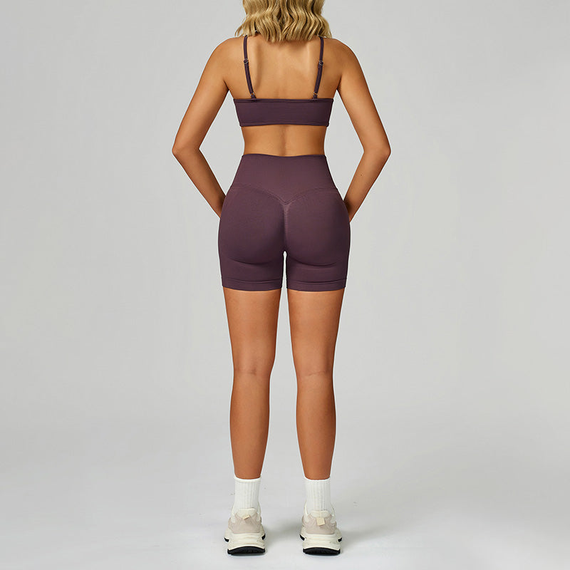 Seamless thin straps Sports Bra + High-waisted shorts 2-Piece Set