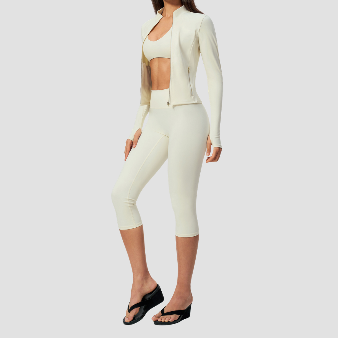 Wholesale Women Slimming Zipper Fitness High Waist Tummy Control Yoga Sports Three-Piece Set