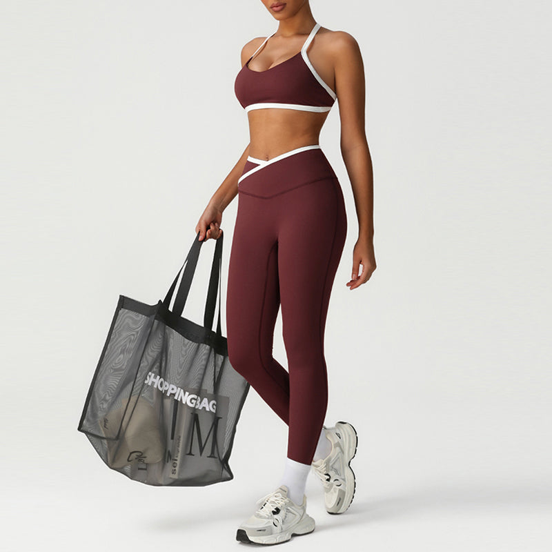 Cross-Back Color-Blocked Bra + High-Waisted Butt-Lifting Leggings 2-Piece Set