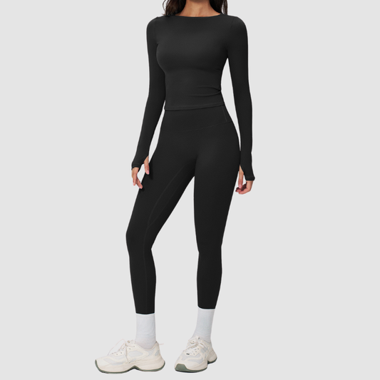 Wholesale Seam-Detail Long-Sleeve Crop Top & High-Waist Leggings Set – Brushed Yoga 2-Piece