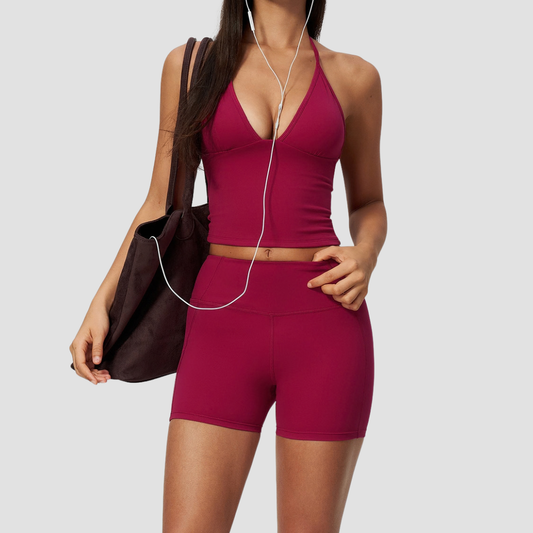 Wholesale Women's Deep-V Sleeveless Vest and High-waist Shorts Yoga Set