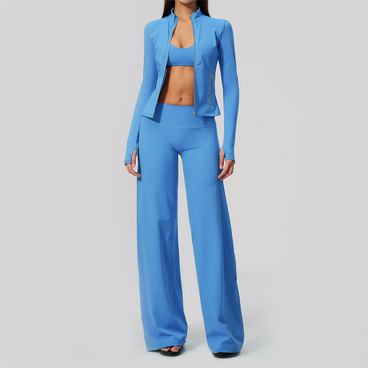 Wholesale Women's 3-Piece Yoga Set – Zip Jacket, Sports Bra & Wide-Leg Pants