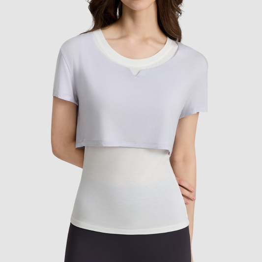 Wholesale Women's Color-Block Faux Two-Piece Yoga Short-Sleeve Top