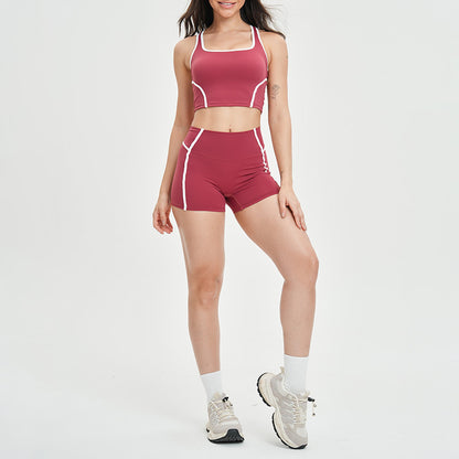 Women's contrasting color backless tank top + high-waisted shorts 2-piece set