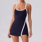 Wholesale Women's Spaghetti Strap Tennis Dress – Feather-Trim Anti-Exposure Fitness Dress