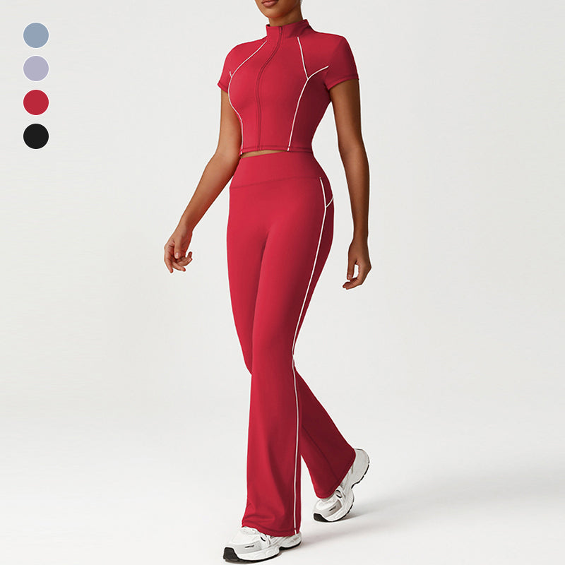 Stand-Collar Cropped Jacket + Butt-Lifting Flared Pants 2-Piece Set