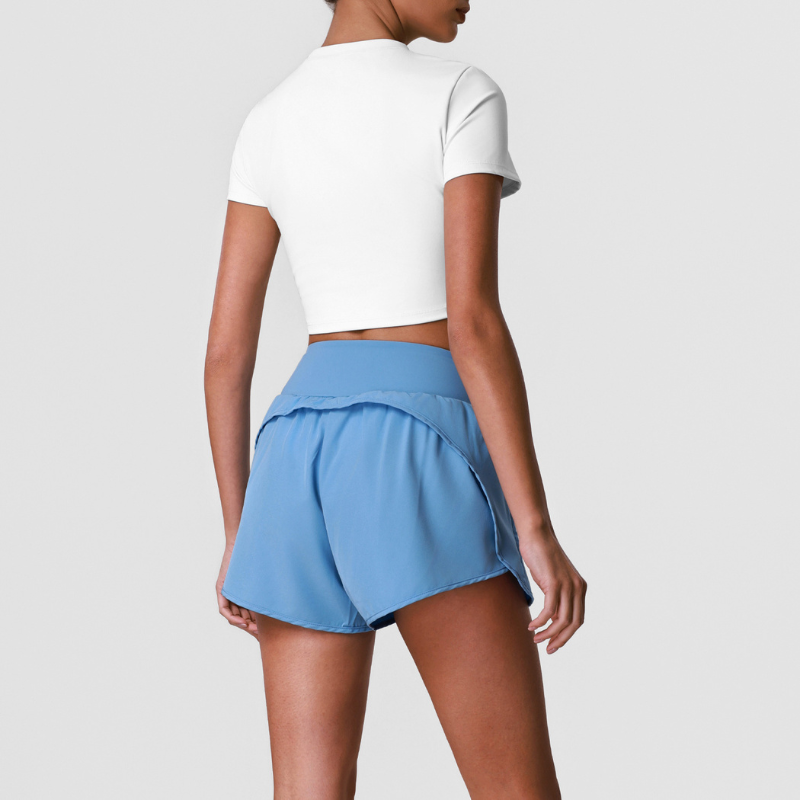 Wholesale Women's Quick-Dry Short Sleeve Crop Top + Crossover Waist Shorts Set - Tennis Running Activewear